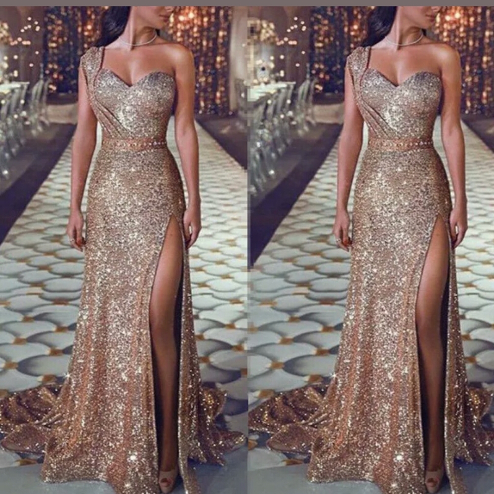 Golden One Shoulder evening gown with slit